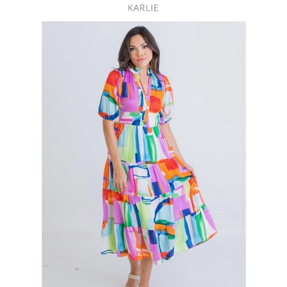 Karlie Dresses & Skirts - Karlie Colorful Abstract Satin V-neck dress. Size medium. Worn once.